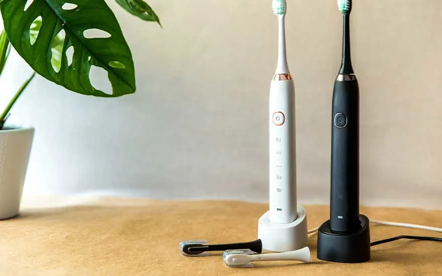 Two electric toothbrushes, one white and one black, stand on chargers beside spare brush heads and a green plant.
