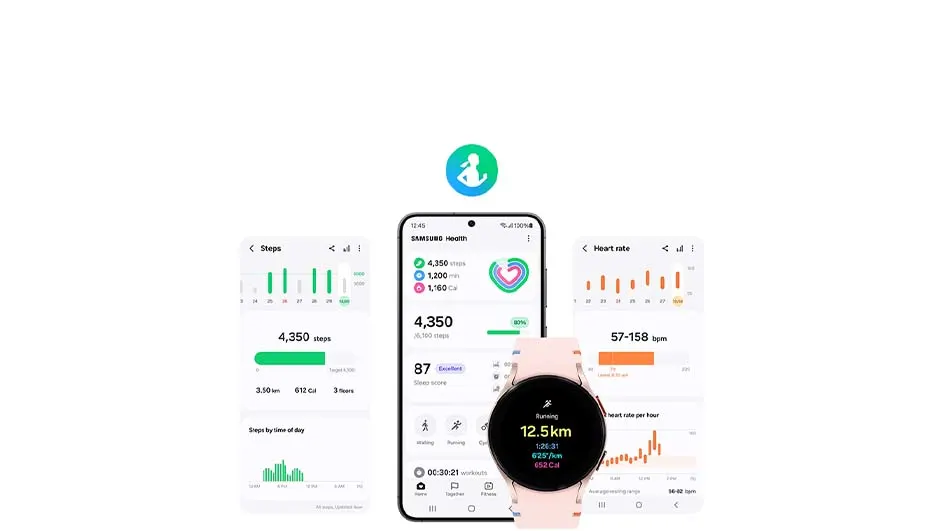 Een smartphone en smartwatch tonen gezondheidsstatistieken, waaronder stappen, hartslag en verbrande calorieën, tegen een witte achtergrond.