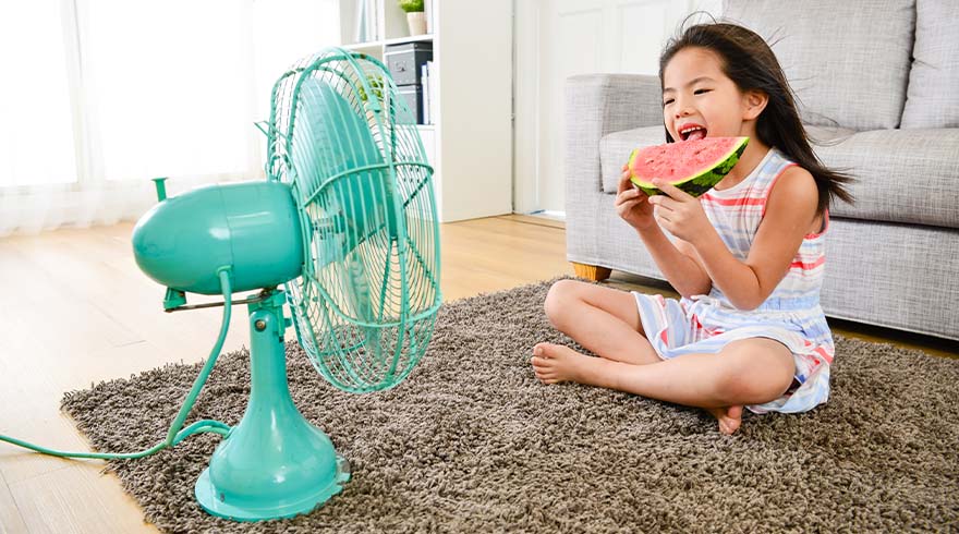 Meisje eet watermeloen naast een turquoise ventilator op een bruin tapijt in een kamer met een grijze bank.
