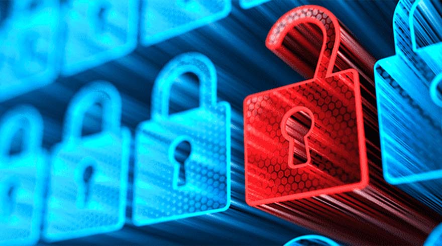 Rode, open hangslot tussen blauwe, gesloten hangsloten. Symboliseert beveiliging en ontgrendeling.