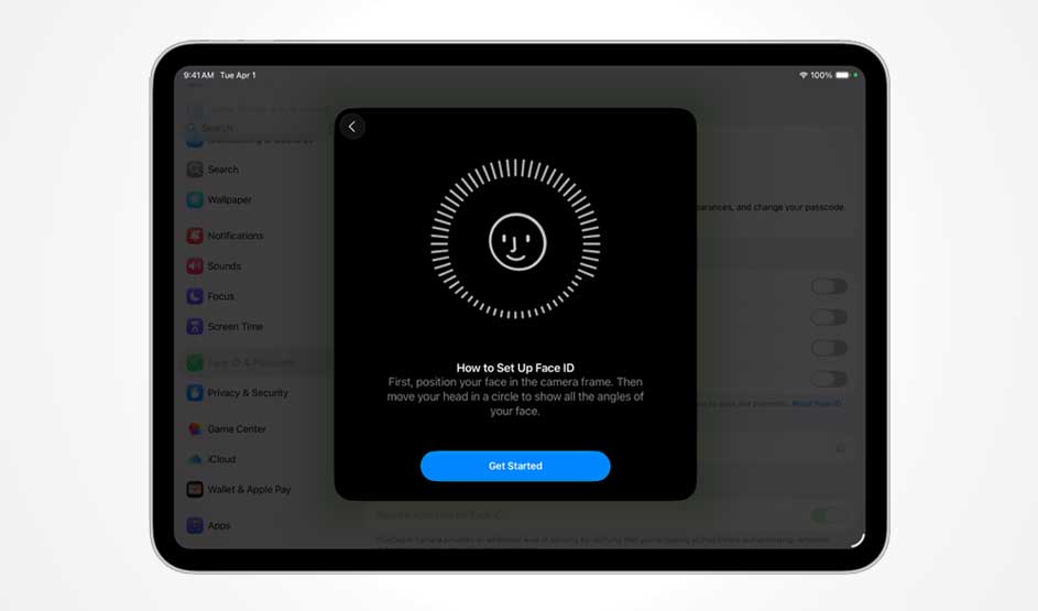 On a tablet screen, a dark Face ID setup box with smiling icon invites the user to begin secure facial recognition enrolment.