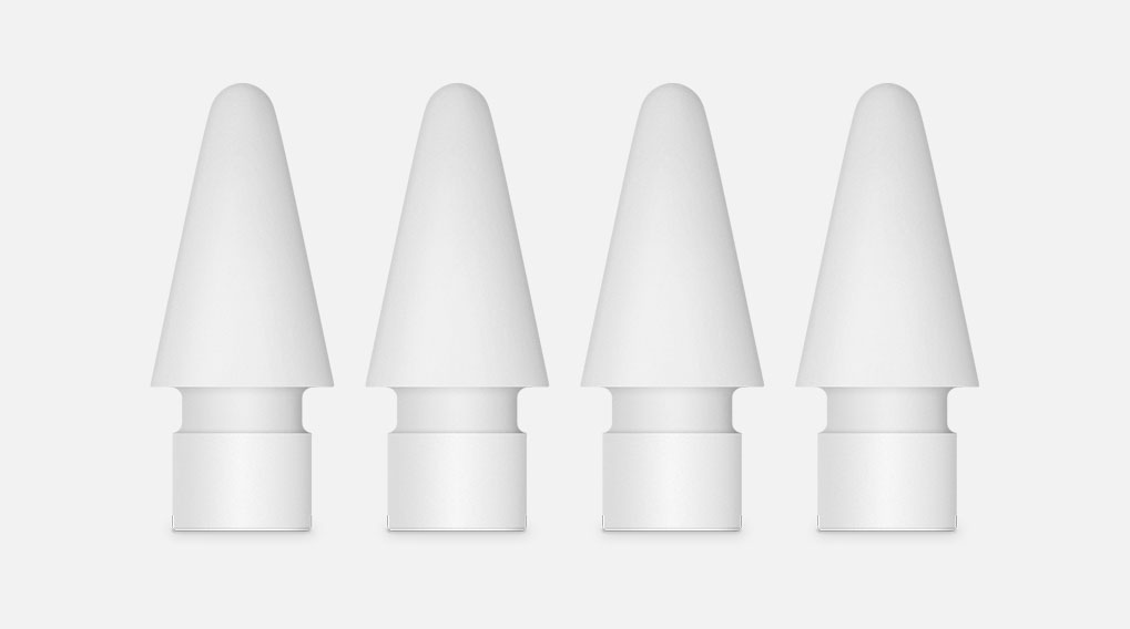 Vier witte, kegelvormige penpunten staan naast elkaar op een witte achtergrond.
