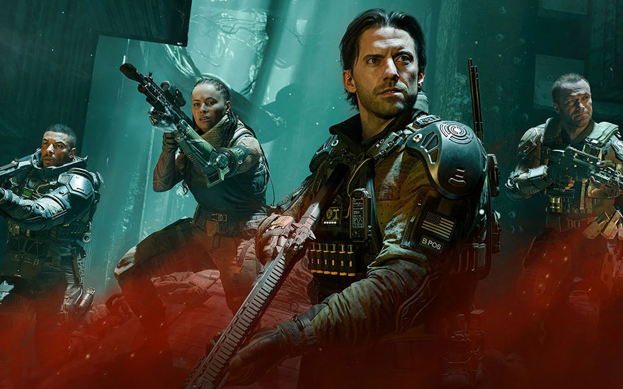 Vier elite soldaten in gevechtsuitrusting poseren samen, diverse groep, professionele militaire uitstraling, teamwork