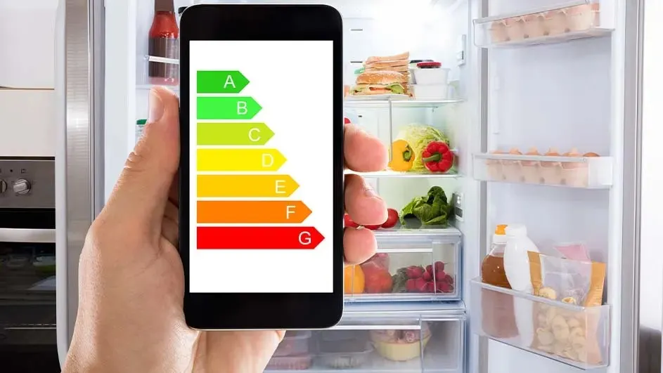 Hand holds smartphone showing coloured energy label in front of an open fridge stocked with vegetables, fruit, eggs and drinks.