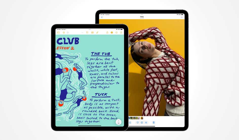 Two tablets overlap; front shows a notes app with drawing, behind it a portrait of a woman in red jumper against a yellow wall.