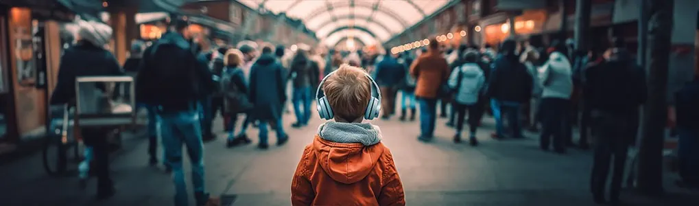 A child in an orange jacket and headphones stands in a crowded market. People are walking in both directions.