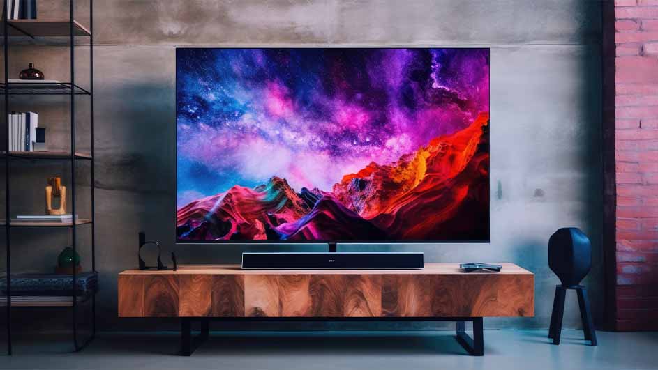 Een tv met een kleurrijk berglandschap staat op een houten kast. Naast de tv staat een zwarte kruk en een open boekenrek.