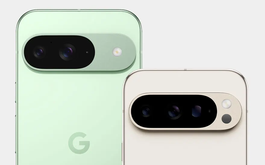 Twee Google Pixel smartphones met prominente camerasystemen. Een in mintgroen en een in beige kleur, beide met opvallende camera-eilanden.