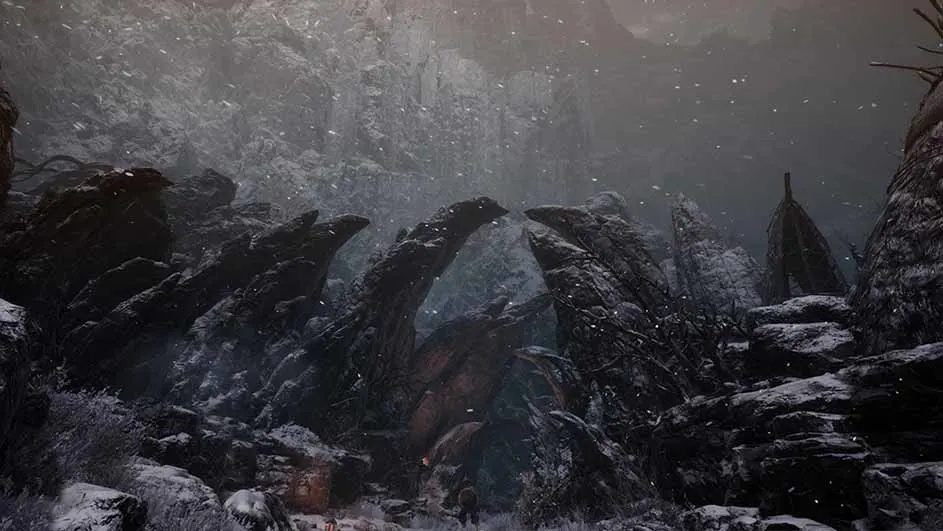 Besneeuwd rotsachtig landschap met grote stenen structuren en een vage figuur op de voorgrond.