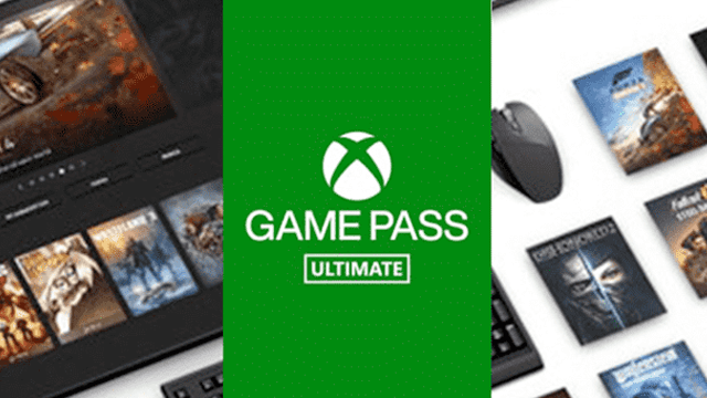 Xbox Game Pass Ultimate promotie met game covers, een muis, een toetsenbord en een groen logo.
