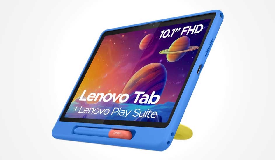 A bright blue Lenovo tablet in a child-friendly case shows a colourful space scene, propped on its stand with a chunky stylus stored below