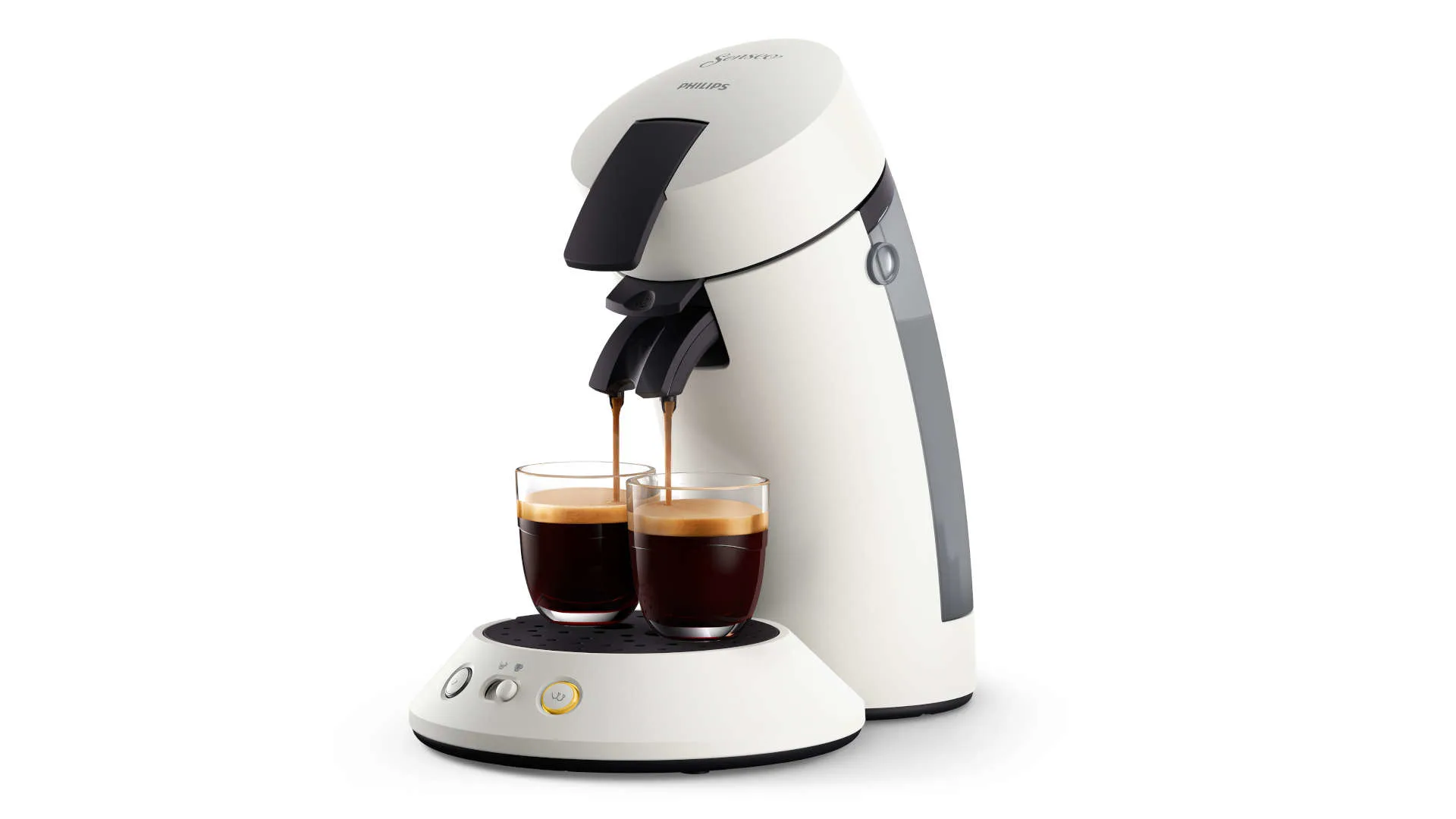 Een witte Philips Senseo koffiemachine vult twee glazen met koffie op een witte achtergrond.