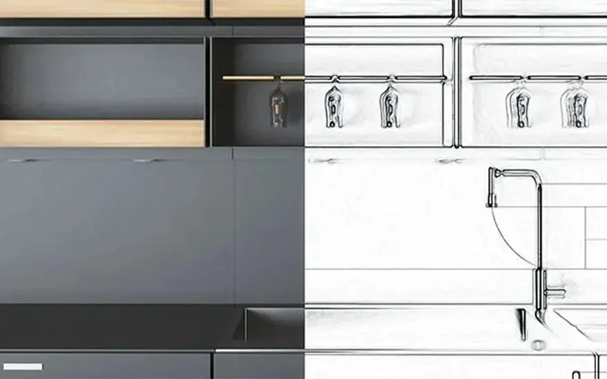 Links zie je een moderne zwarte keuken met houten plank en kastjes; rechts een lijntekening van dezelfde keuken met glazen aan rek en een kraan.