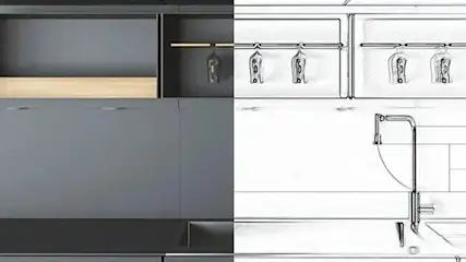 Links zie je een moderne zwarte keuken met houten plank en kastjes; rechts een lijntekening van dezelfde keuken met glazen aan rek en een kraan.