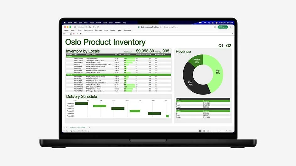 MacBook met helder Excel scherm toont “Oslo Product Inventory”, tabellen, groene grafieken en cirkeldiagram voor overzicht van voorraad en omzet.