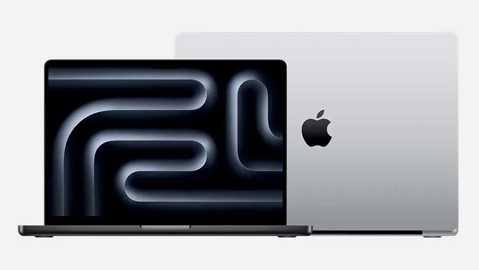 Een donkergrijze laptop met een abstract patroon op het scherm, naast een zilverkleurige laptop met een zwart Apple-logo.