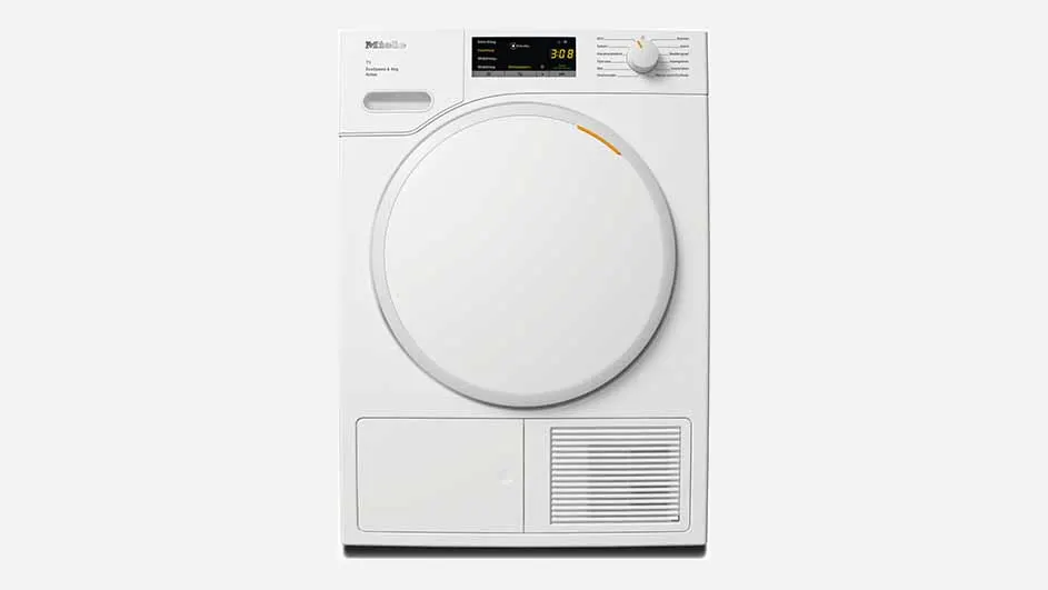 Vooraanzicht van een witte Miele TWA 520 WP EcoSpeed-warmtepompdroger met een ronde deur, digitaal display rechtsboven en draaiknop.
