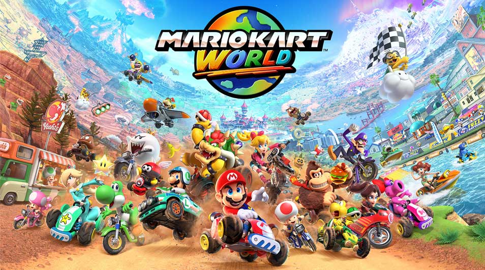 Mario Kart World-affiche met raceauto's en personages tegen een achtergrond van blauwe lucht en kleurrijke wegen.