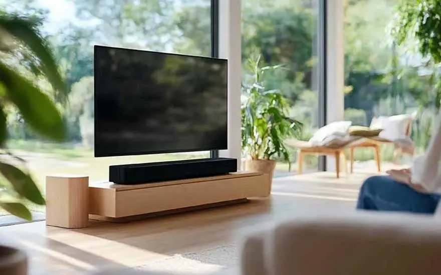 Lichte woonkamer met grote ramen, tv op laag meubel, soundbar, houten speaker, planten en uitzicht op tuin.