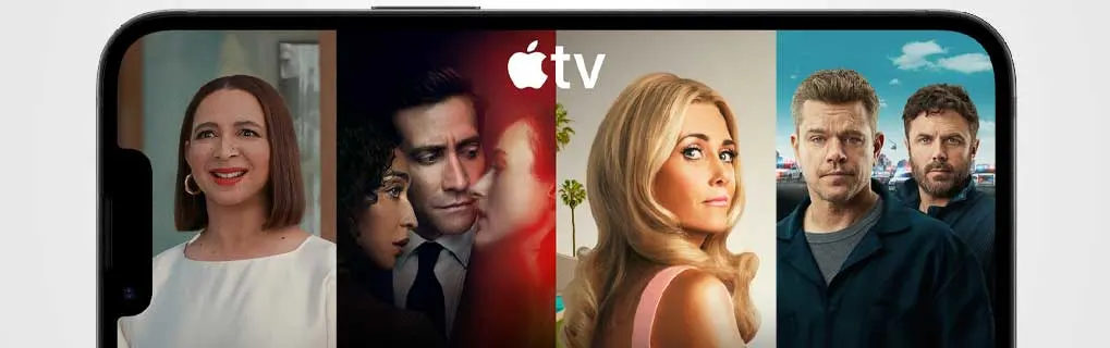 Op een smartphonebanner zie je Apple TV+ met vier series: portretten van acteurs, van glimlachend tot gespannen, met stad en strand erachter.