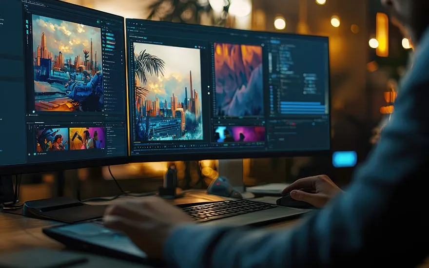 A creative professional works on a dual-monitor setup with editing software, displaying urban landscapes and digital art projects.
