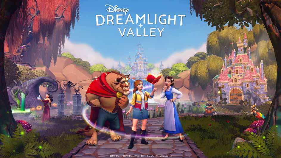 Animated scene with Beast, two women, and castle. One woman holds a red bird. Title: Disney Dreamlight Valley.