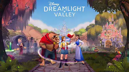 Animated scene with Beast, two women, and castle. One woman holds a red bird. Title: Disney Dreamlight Valley.