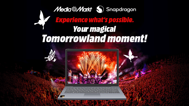 Promotional image for MediaMarkt and Snapdragon with a laptop, festival crowd, and English Tomorrowland text.