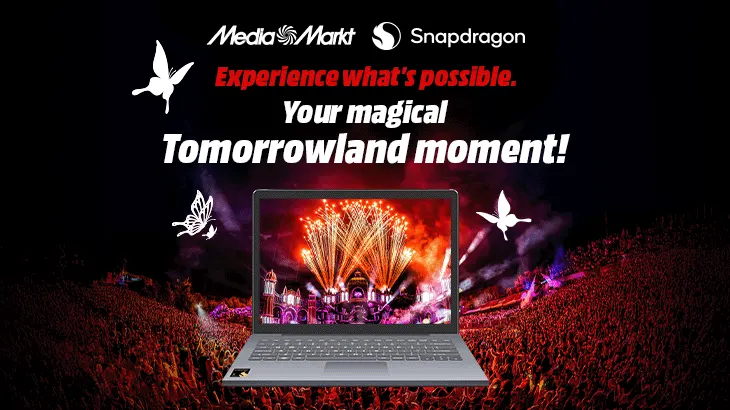 Promotional image for MediaMarkt and Snapdragon with a laptop, festival crowd, and English Tomorrowland text.