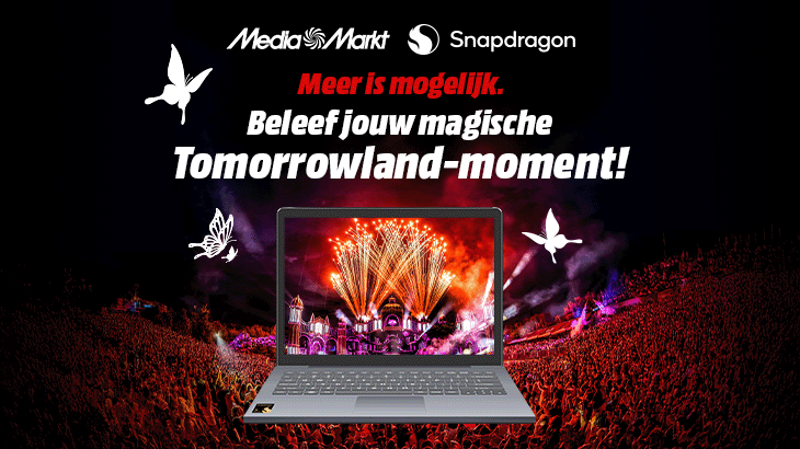 Promobeeld van MediaMarkt en Snapdragon met laptop, festivalpubliek en Nederlandse Tomorrowland-tekst.