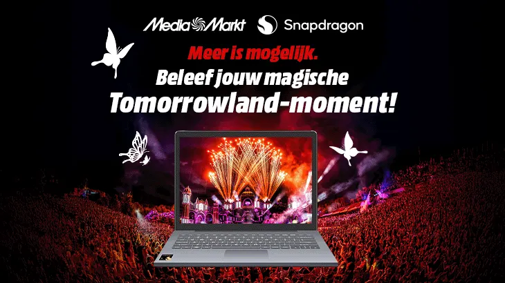 Promobeeld van MediaMarkt en Snapdragon met laptop, festivalpubliek en Nederlandse Tomorrowland-tekst.