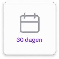 Witte achtergrond met een grijze kalender pictogram en de paarse tekst "30 dagen" eronder.