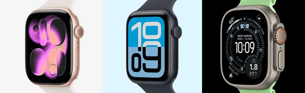 Three smartwatches are displayed with different colored bands on a white background, showing various display interfaces.