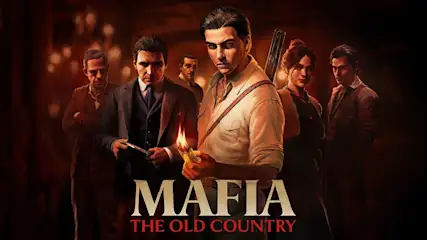 Zes elegante personages in 1920s kleding rond een vuur, hoofdpersoon met geweer op voorgrond. "MAFIA: THE OLD COUNTRY" titel.