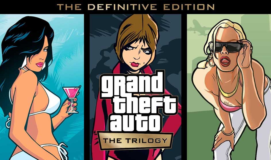 Op de afbeelding staat de cover van Grand Theft Auto: The Trilogy – The Definitive Edition met drie getekende personages in opvallende kleuren.