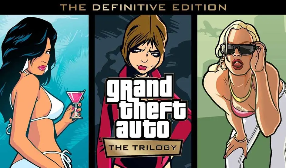Op de afbeelding staat de cover van Grand Theft Auto: The Trilogy – The Definitive Edition met drie getekende personages in opvallende kleuren.