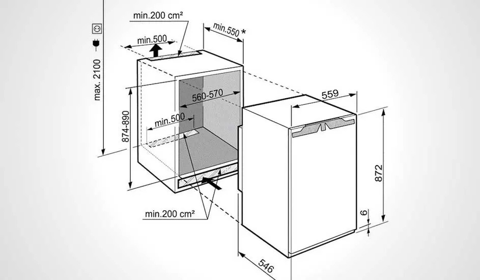 Technische tekening van een inbouwkoelkast toont afmetingen: 872 mm hoog, 559 mm diep en minimale ventilatieopeningen van 200 cm². Merk is onbekend.