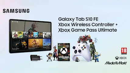 Samsung Galaxy Tab S10 FE met Xbox-controller, Game Pass en accessoires. Gaming en entertainment in één pakket, ideaal voor plezier.