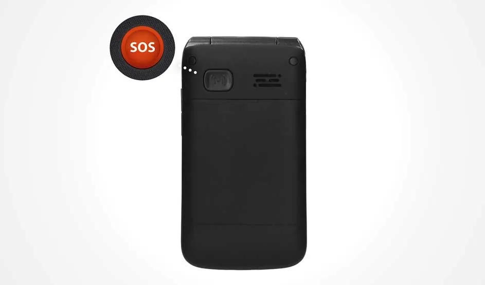 Black flip phone rear with camera, flash, speaker grille and a dedicated SOS emergency button highlighted. No brand name visible.