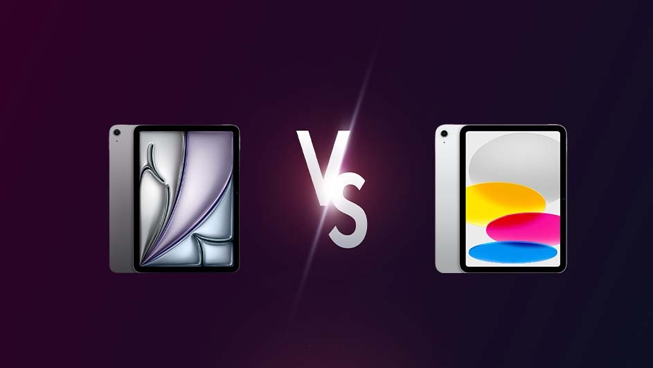 Two tablets facing each other, separated by a "Vs" symbol, are set against a dark purple background.