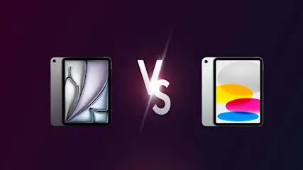 Two tablets facing each other, separated by a "Vs" symbol, are set against a dark purple background.