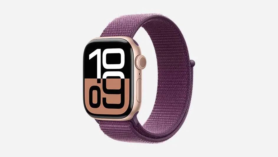 Een digitaal horloge met een paarse band toont de tijd 10:09 tegen een witte achtergrond.