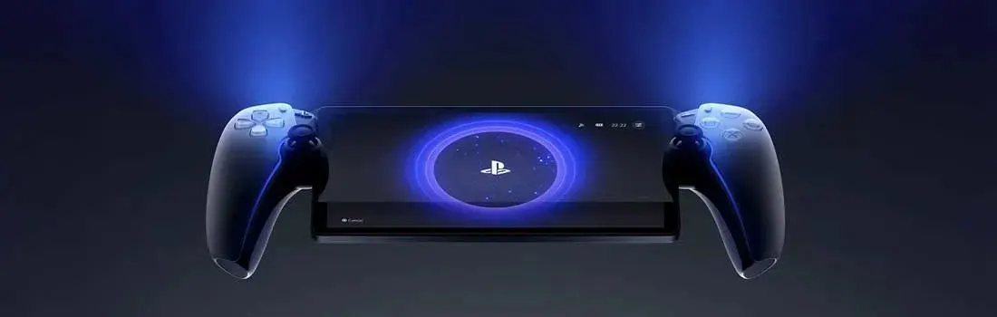 Een futuristische PlayStation-handheld zweeft in een donkere ruimte, met licht en een cirkelvormig logo dat kracht en technologie uitstraalt.
