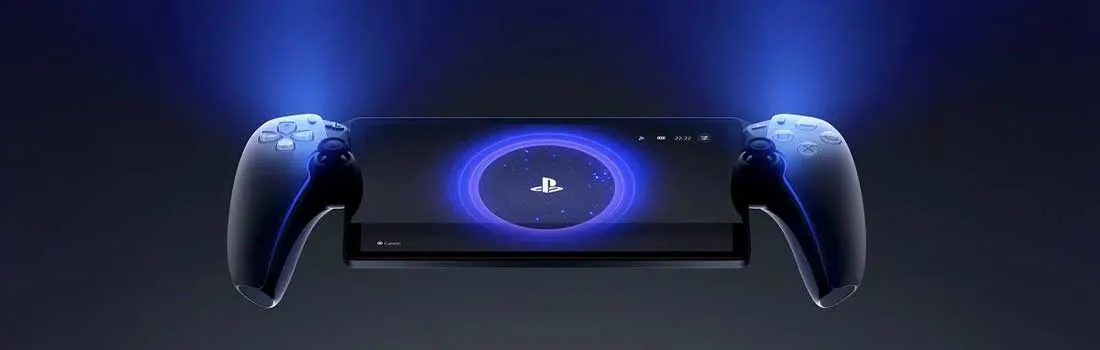 A sleek handheld PlayStation screen floats in a dark space, glowing with blue light and a circular logo that suggests power and speed.