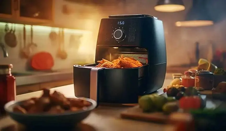 Black air fryer with digital display and a drawer full of crispy chicken wings. Brand is not visible on the appliance.