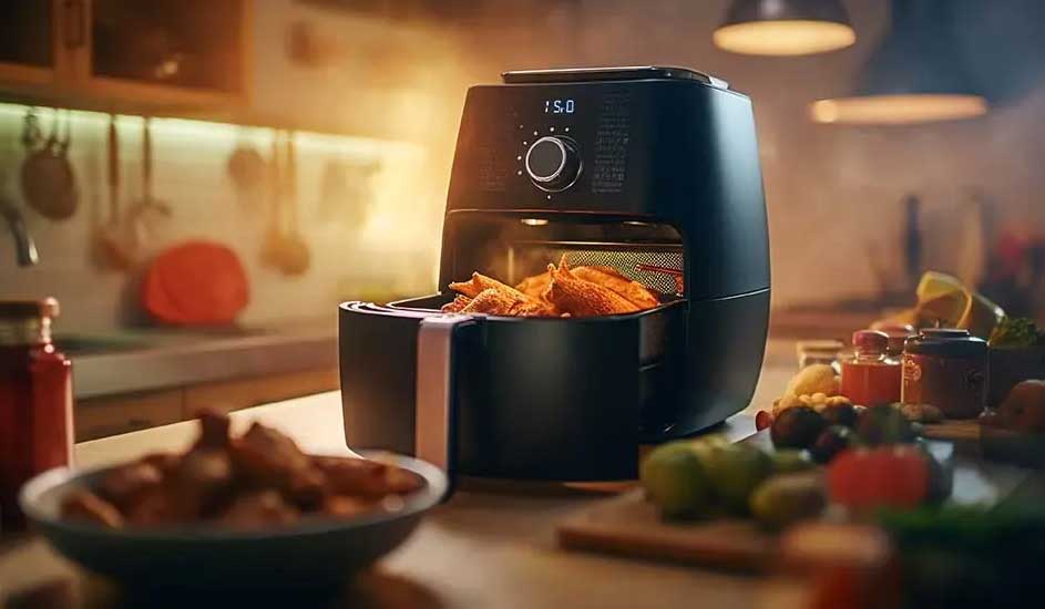 Zwarte airfryer met digitaal display en een lade vol krokante kippenvleugels. Merk is niet zichtbaar op het apparaat.