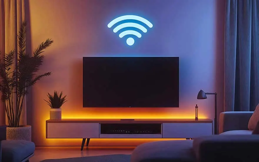 Smart TV-setup met WiFi-symbool, LED-achtergrondverlichting en moderne media-console in sfeervol verlichte woonkamer.