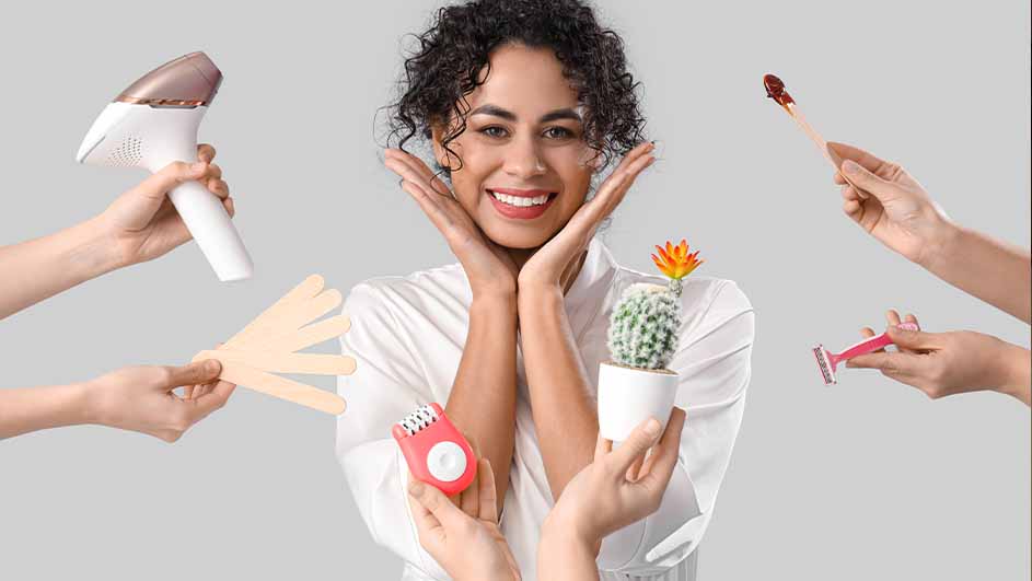A person surrounded by hair removal tools including a razor, epilator, waxing sticks, and a laser hair removal device.
