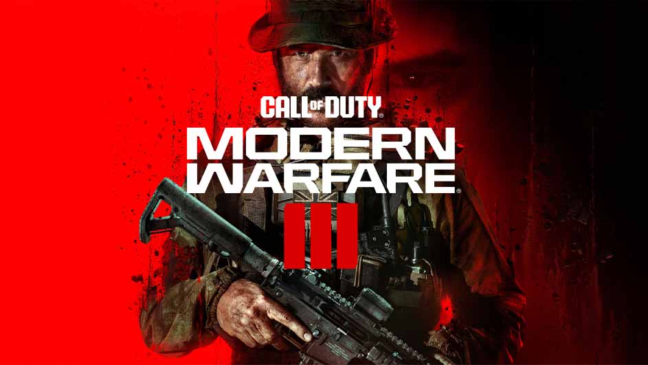 Een afbeelding van de game Call of Duty: Modern Warfare III, met een soldaat die een geweer vasthoudt tegen een rode achtergrond.