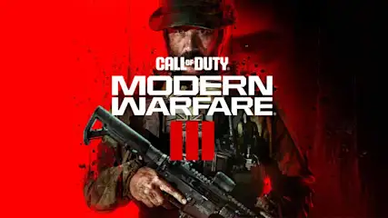 Een afbeelding van de game Call of Duty: Modern Warfare III, met een soldaat die een geweer vasthoudt tegen een rode achtergrond.